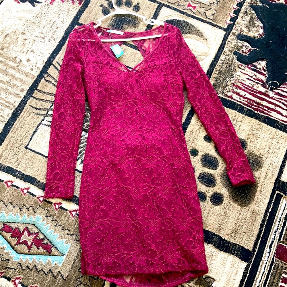 Maroon lace women’s dress with open back